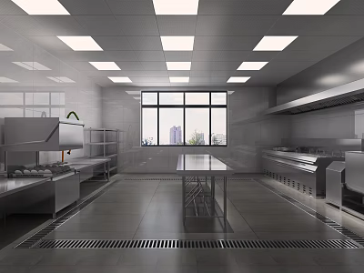 Modern Commercial Restaurant Kitchen With Stainless Steel Appliances Large Windows And Tile Floor 3d model