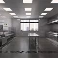 Modern Commercial Restaurant Kitchen With Stainless Steel Appliances Large Windows And Tile Floor