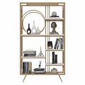 Modern Decorative Cabinet with Golden Frame and White Shelves Displaying Vases Books and Sculpture