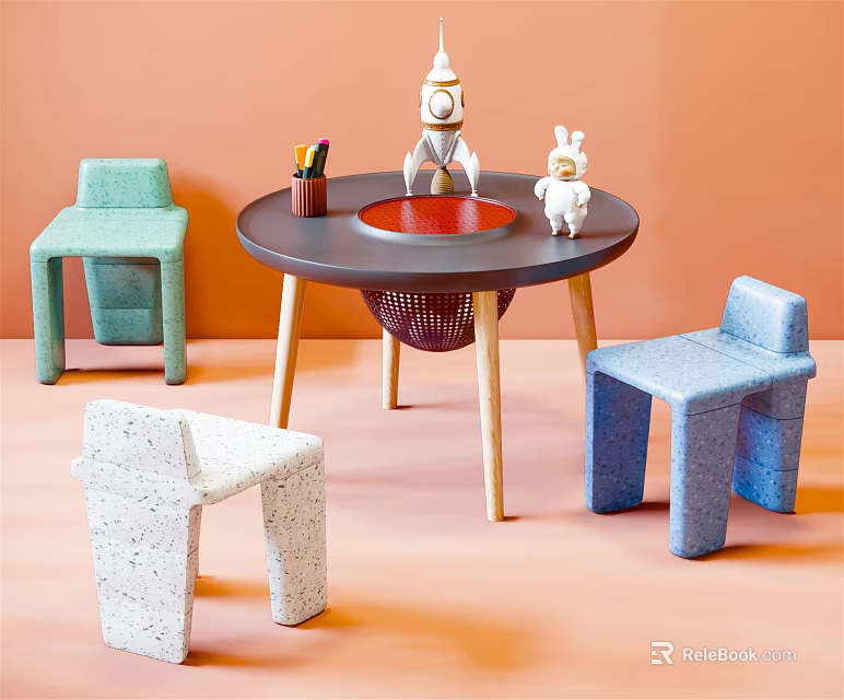 Kids Table with Green Blue White Chairs Pencils and Toys on Orange Background 3d model 