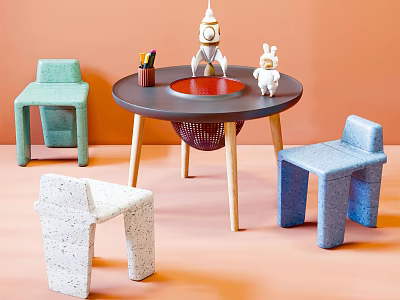 Kids Table with Green Blue White Chairs Pencils and Toys on Orange Background 3d model