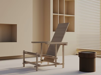 Wooden Leisure Chair With Minimalist Design In Beige Room With Side Bucket And Blinds 3d model