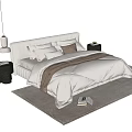 Double Bed With Beige Brown Pillows Upholstered Headboard Bedside Tables Table Lamp And Rug