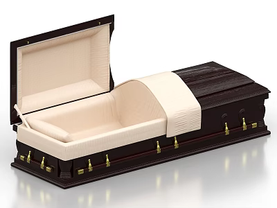 Dark Wooden Coffin With Open Lid Beige Lining And Brass Accents 3d model