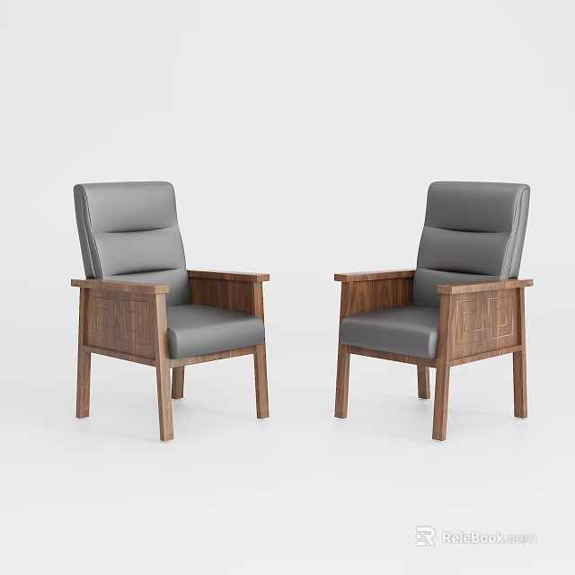 Modern Office Chairs With Gray Upholstered Seats And Wooden Armrests Legs 3d model 