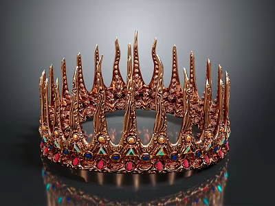 Ornate Decorative Crown With Spiked Design And Colorful Gemstone Embellishments 3d model