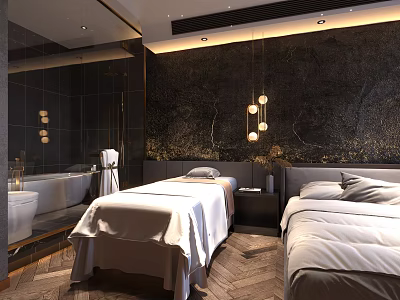 Modern Hotel Guest Room with Twin Beds Marble Wall Pendant Lights and Bathtub 3d model