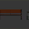 Red Wooden Bench With Metal Legs And Trash Can On Reflective Floor Gray Background