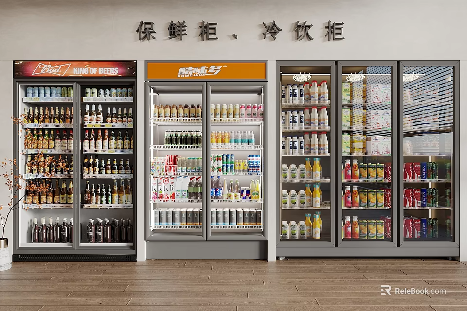 Row of Open Display Refrigerators Filled With Various Cold Beverages and Drinks 3d model 
