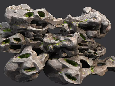 Natural Stone And Wood Decorative Pieces With Hollow Holes And Green Moss 3d model