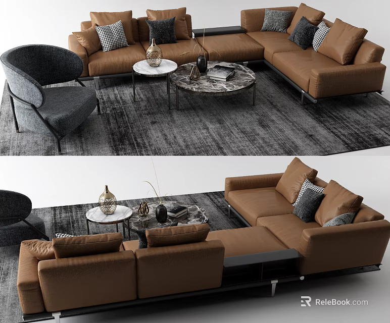 Modern Brown Sofa And Coffee Table Set With Throw Pillows And Round Marble Top 3d model