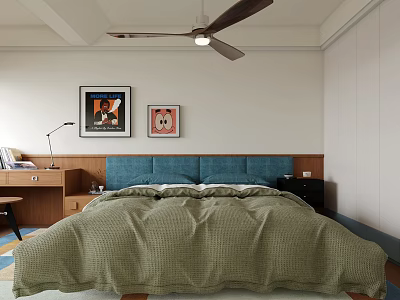 Kids Room Interior Design With Bed Decorative Pictures Desk And Ceiling Fan 3d model