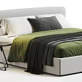 Modern Double Bed with Green Bedspread Black Blanket White Pillows and Side Table 3d model