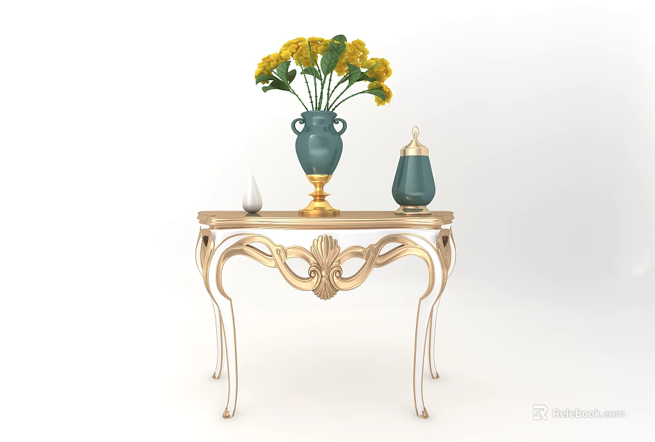 Elegant Console Table with Gold Carved Legs Yellow Flowers in Blue Vase and Decorative Jar 3d model 