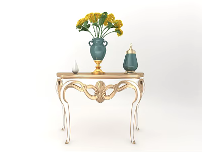 Elegant Console Table with Gold Carved Legs Yellow Flowers in Blue Vase and Decorative Jar 3d model