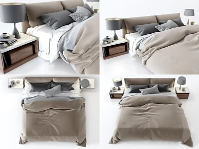 Modern Double Bed with Gray Pillows Beige Bedding and Nightstand Table Lamp 3d model