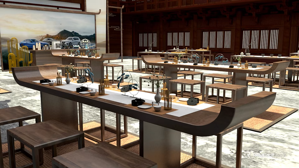 Traditional Chinese Restaurant Interior With Wooden Tables Chairs And Decorative Items 3d model 