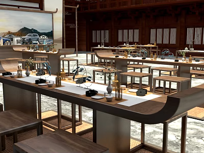 Traditional Chinese Restaurant Interior With Wooden Tables Chairs And Decorative Items 3d model
