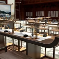 Traditional Chinese Restaurant Interior With Wooden Tables Chairs And Decorative Items