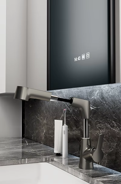 Modern Bathroom Vanity with Marble Countertop Sleek Faucet and Toothbrush Holder 3d model