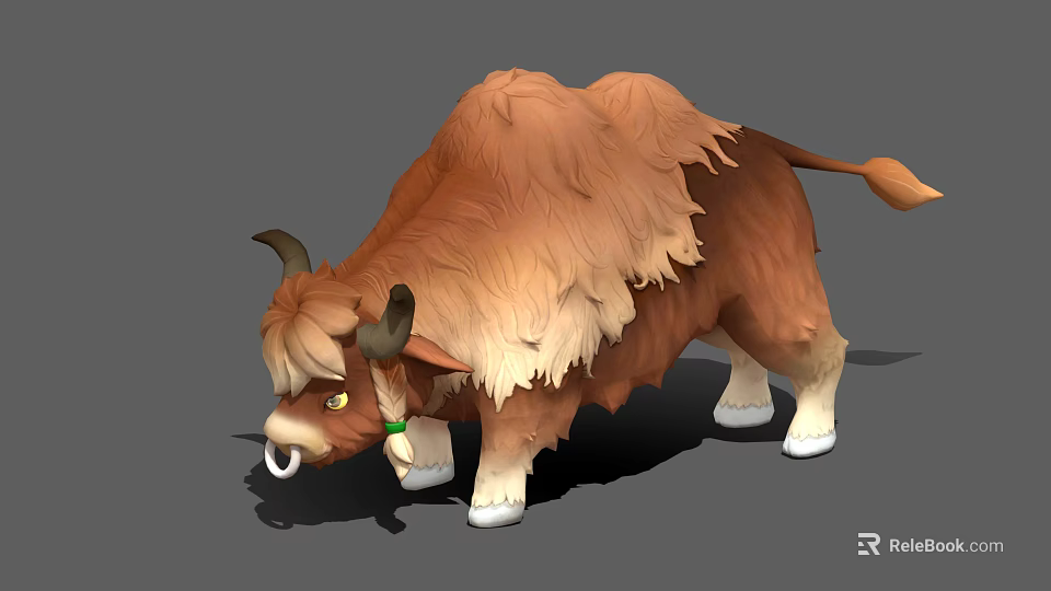Brown Yak 3D Model with Long Fur Green Collar and White Hooves 3d model 