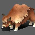 Brown Yak 3D Model with Long Fur Green Collar and White Hooves