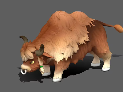Brown Yak 3D Model with Long Fur Green Collar and White Hooves 3d model