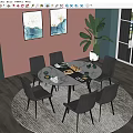Modern Round Marble Dining Table Set With Six Grey Chairs And Green Plant 3d model