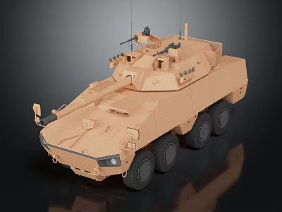 Armored Military Vehicle With Sand Colored Exterior 6x6 Wheels Mounted Weapons And Antennas 3d model