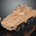 Armored Military Vehicle With Sand Colored Exterior 6x6 Wheels Mounted Weapons And Antennas