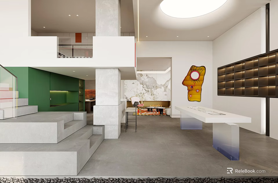 Modern Front Desk Reception Interior Design With White Counter Green Cabinets And Artwork 3d model 