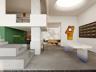 Modern Front Desk Reception Interior Design With White Counter Green Cabinets And Artwork 3d model