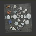 Various Colored Futuristic SciFi Models With Circular Platforms And Structures On Gray Base