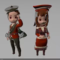 Cartoon Boy And Girl Characters In Red Uniforms With Green Brown Hats And Outfits
