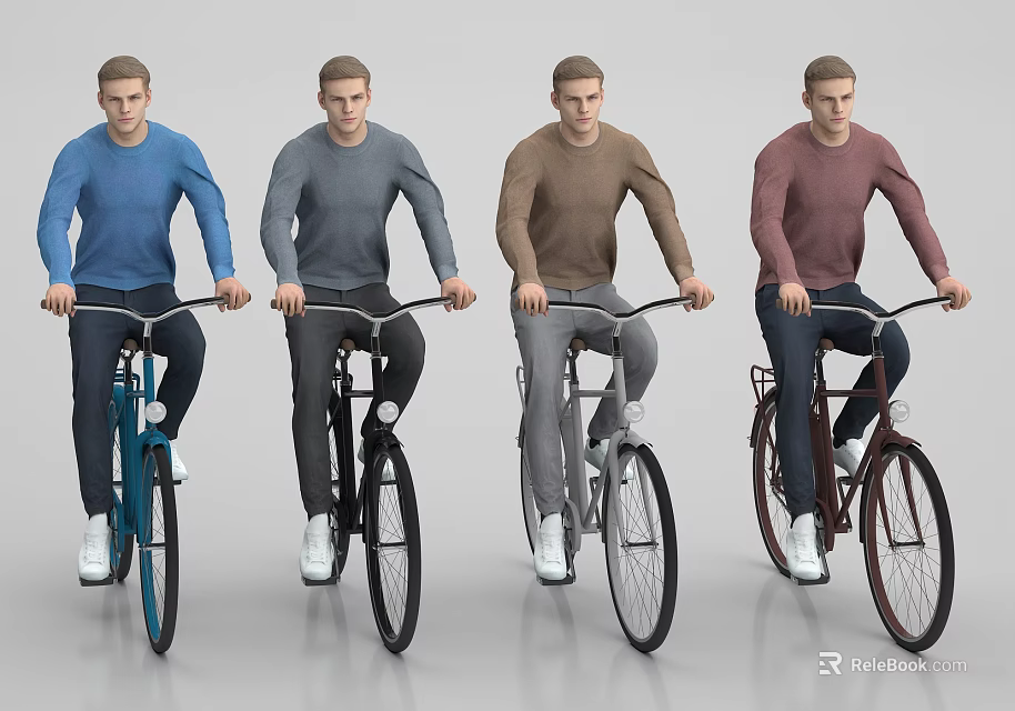 Men Riding Bicycles Wearing Blue Gray Brown Maroon Sweaters With Different Bikes 3d model 