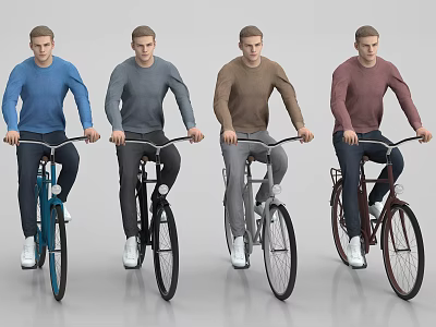 Men Riding Bicycles Wearing Blue Gray Brown Maroon Sweaters With Different Bikes 3d model