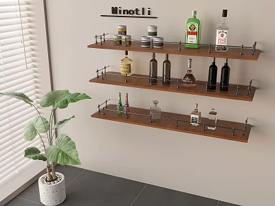 Wall Mounted Wooden Wine Racks With Various Liquor Bottles And Green Plant Near Window 3d model