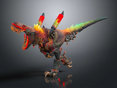 Mechanical Dinosaur Character With Flame Accents Sharp Teeth And Sci Fi Design 3d model