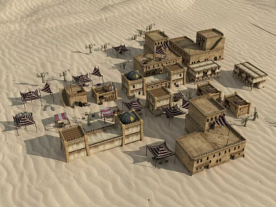 Traditional Desert Landscape With Ancient Buildings Domes And Flags On Sandy Ground 3d model