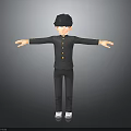 3D Child Model in Black Uniform with Yellow Buttons Standing Arms Outstretched on Gray Background