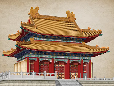 Traditional Ancient Chinese Architecture Multi Tiered Palace With Yellow Roof Red Pillars And Ornate Eaves 3d model
