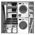 White Bathroom Cabinet Rack With Double Washing Machines Storage Baskets And Cleaning Supplies