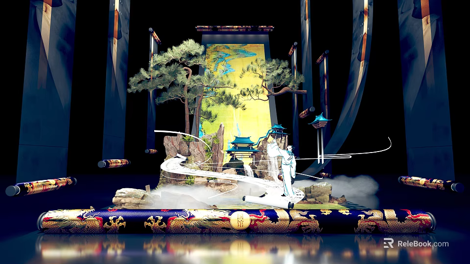 Traditional Chinese Themed Decorative Scene With Pine Tree Scroll Pagoda Figure And Mist 3d model 