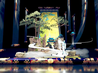 Traditional Chinese Themed Decorative Scene With Pine Tree Scroll Pagoda Figure And Mist 3d model
