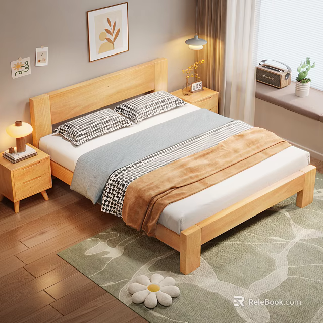 Cozy Bedroom With Wooden Bed Frame Nightstands Table Lamps Wall Art And Rug 3d model 