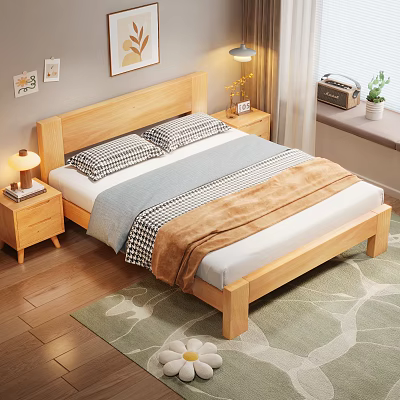 Cozy Bedroom With Wooden Bed Frame Nightstands Table Lamps Wall Art And Rug 3d model