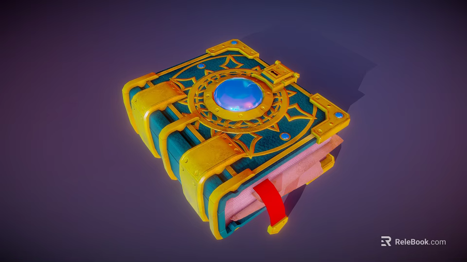 Magical Enchanted Book With Green Cover Golden Decorations Red Bookmark And Central Blue Gemstone 3d model 