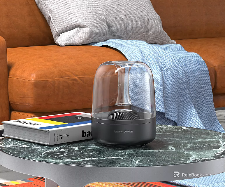 Modern Speaker on Marble Tabletop with Books and Blue Blanket Near Brown Sofa Living Room 3d model 