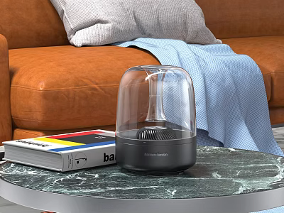 Modern Speaker on Marble Tabletop with Books and Blue Blanket Near Brown Sofa Living Room 3d model
