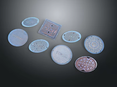Various Decorative Manhole Covers With Different Shapes And Metallic Patterns 3d model